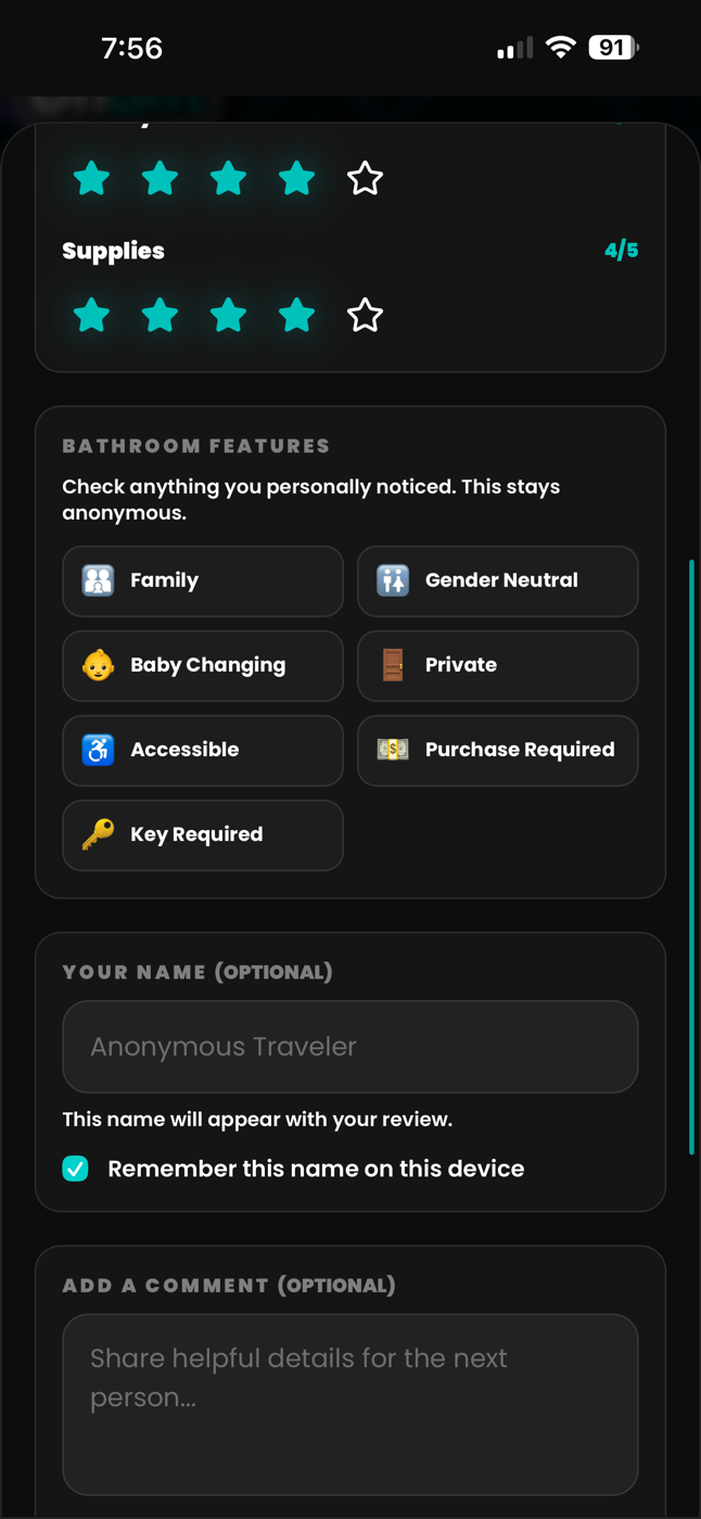 StallScore anonymous review form